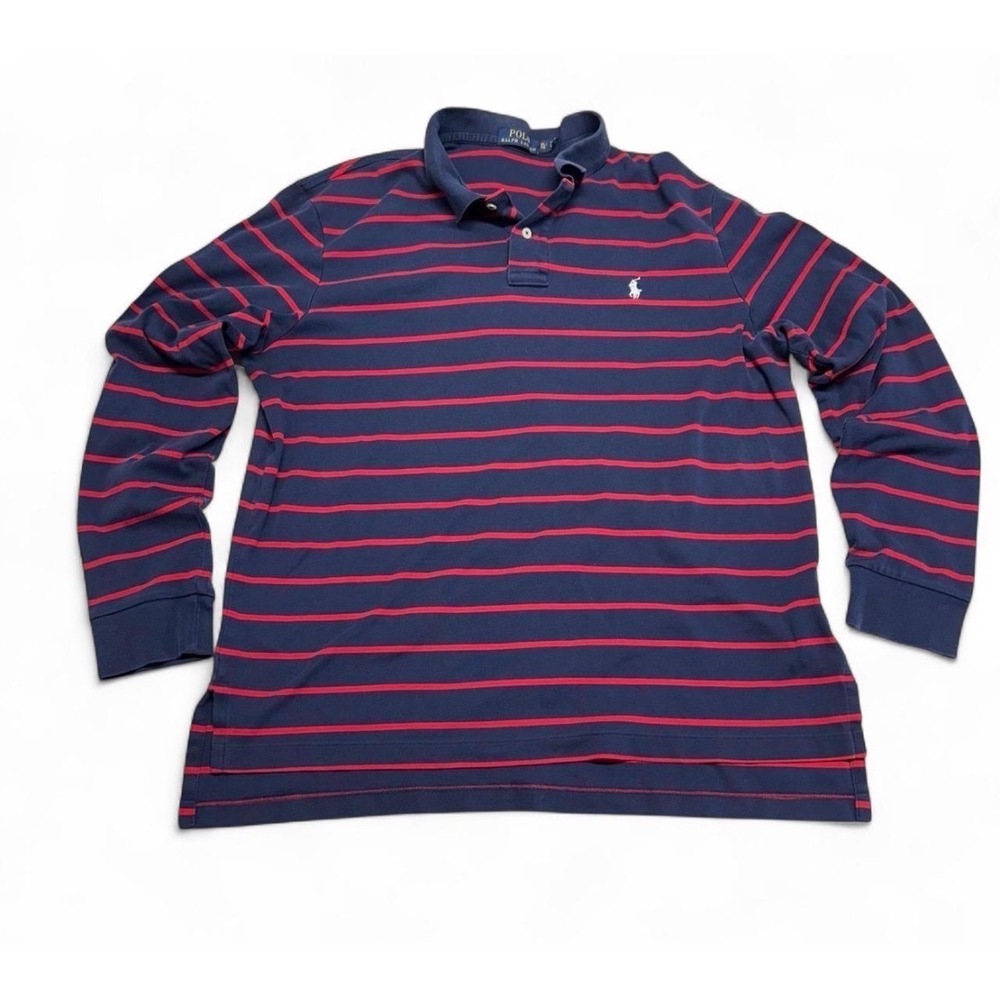 Polo Ralph Lauren Mens XL Long Sleeve Striped Polo Shirt Navy Blue Red